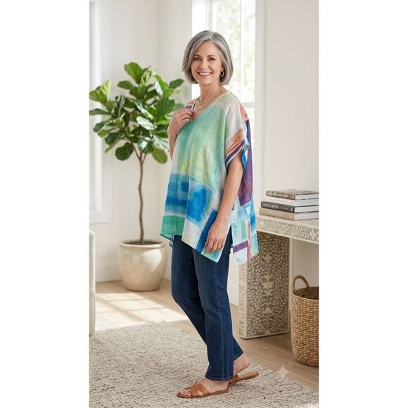 Chico's Tops - Chico's Textural Blocks Linen Poncho Top L/XL NWT Abstract Colorblock V-Neck